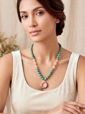 NEW Mary Kent Designs Green Amazonite, Pink Lemonade Druzy Geode Geode Necklace
